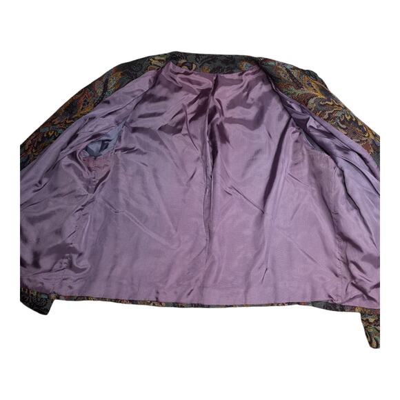 Vtg 1970s Teal Blue Floral Tapestry Fabric Open Front Collarless Blazer XL - Picture 4 of 5